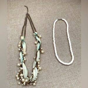 2 Necklaces: White Fabric/Chain/Faux Pearls Necklace & Short Plain White